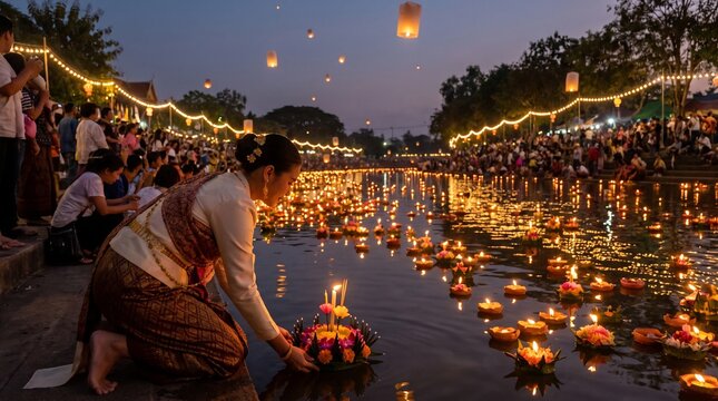 Person Releasing Floating Lantern During Loy Krathong