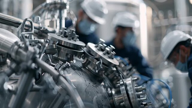Engineers examine sodium-ion battery cells and electrode materials in an advanced pilot facility with precision testing equipment and automation.