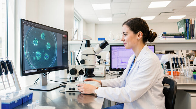 Female scientist using microscope while analyzing cellular biology cultures shown on computer monitor inside modern scientific research laboratory with equipment