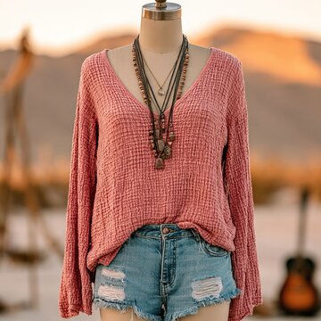 Mannequin modeling bohemian desert fashion with layered necklaces