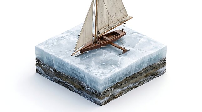 Isometric cross section of a vintage ice boat sailing on a block of frozen water isolated on white