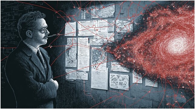 A thoughtful detective deeply analyzes evidence displayed on a chaotic board, with a cosmic swirl of colors emerging from the chaotic background, highlighting the connection between mystery and the un