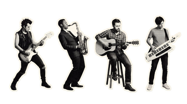 musician with instrument retro halftone set , clean white border outline PNG