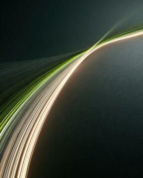 Vertical Abstract Sweeping Green and White Light Trails Arc Across Dark Textured Background for Tech Data Flow and Green Energy Motion Concept