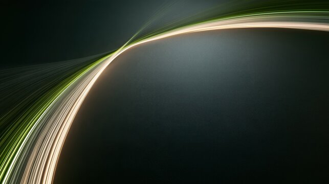 Horizontal Abstract Sweeping Green and Golden Light Trails Forming Glowing Arc Across Dark Textured Background for Green Tech and Digital Energy Concept