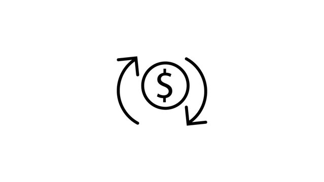 Black line icon of a dollar coin with circular arrows around it representing money exchange