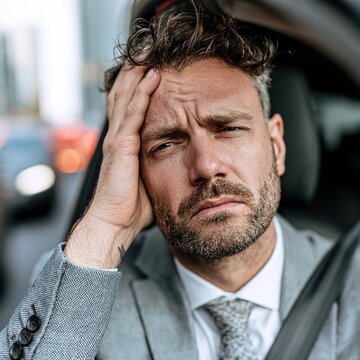 Stressed businessman suffering headache driving car in traffic