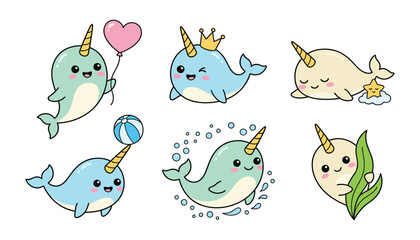 Cute Cartoon Narwhal Mascot Character Set with Fun Poses and Activities Including Holding Heart Balloon, Wearing Crown, and Balancing Beach Ball. © sunjida