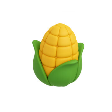 A vibrant 3D illustration of a single ear of corn with yellow kernels and green husks on a white background.