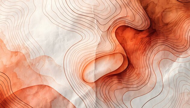 Abstract terracotta and beige topographic contour map pattern. Modern interior design and geological concept. Layered watercolor waves creating depth