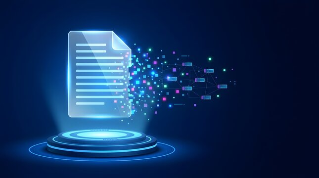 Digital document icon dissolving into network particles and data blocks for technology concept