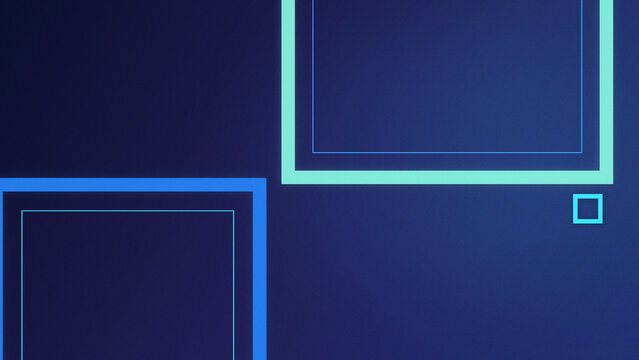 A minimalist abstract composition of outlined squares and rectangles glows in cyan and turquoise over a deep indigo gradient, offering a sleek futuristic backdrop for digital projects.
