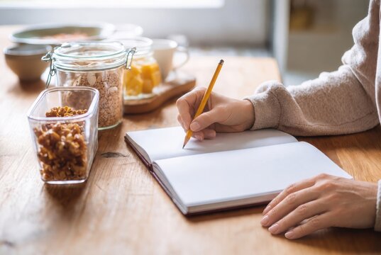 Close Up of Woman Hand Writing Weekly Healthy Meal Plan or Grocery List in Notebook Beside Food Glass Jars on Wooden Kitchen Table