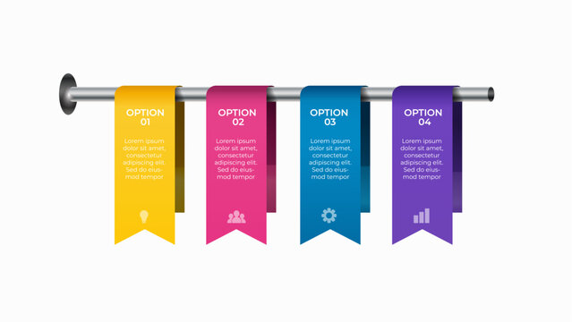 4 steps ribbon tag hanging on metal rod infographic banner template vector illustration