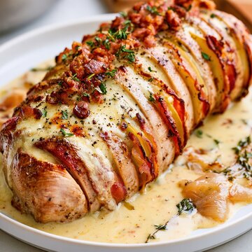 Hasselback pork loin with bacon apple and cheese