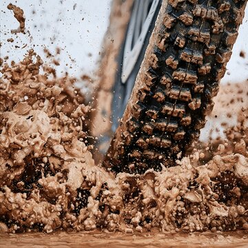 Mountain bike tire splashing through thick mud