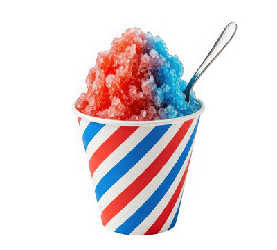 Refreshing red and blue shaved ice snow cone in a striped paper cup isolated on transparent background