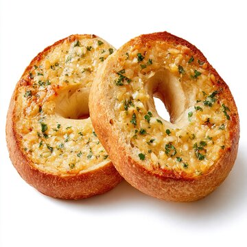 Toasted bagel halves topped with garlic and parsley