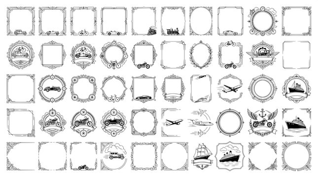 Vintage transportation decorative frames with cars planes and ships travel borders classic vehicle adventure theme graphic collect