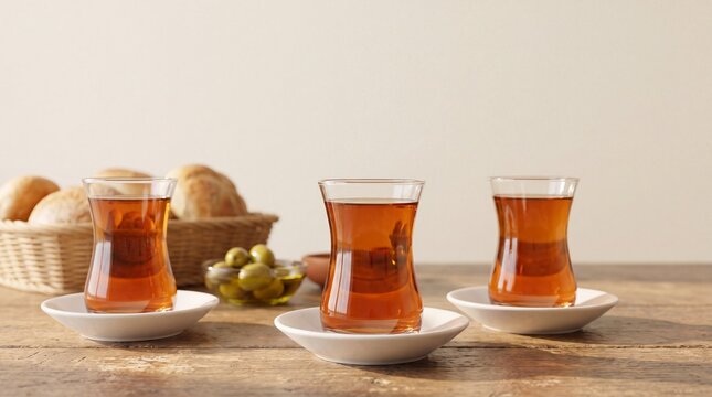 Turkish Black Tea in Traditional Glass Cups Served on Wooden Table