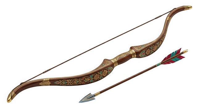 Ornate traditional recurve bow and arrow with intricate floral gold patterns isolated on transparent background