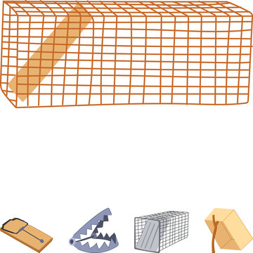 Collection of common animal control devices including a wooden snap trap, a jaw trap, a live cage trap with an entrance door, and a traditional box trap propped open with a stick