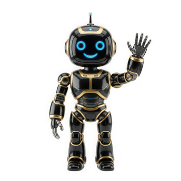 Friendly black and gold humanoid robot waving hello isolated on transparent background