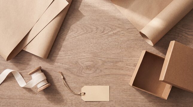 Eco-Friendly Kraft Paper Gift Wrapping Supplies with Blank Tag on Wooden Desk