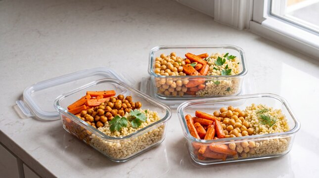 Healthy Vegan Meal Prep Containers with Chickpeas, Bulgur, and Roasted Carrots