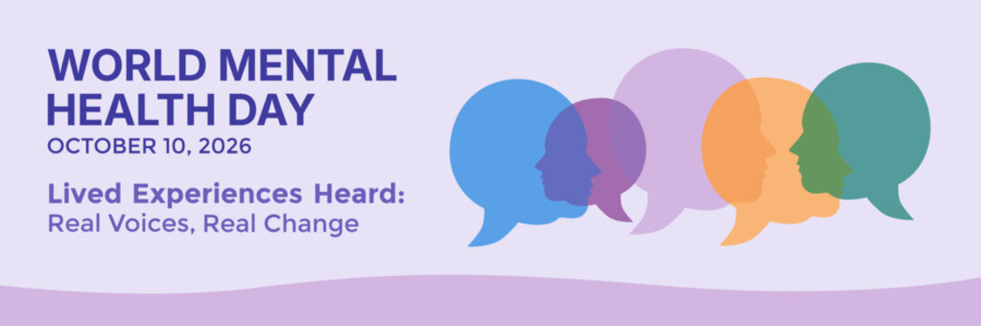 World Mental Health Day 2026 banner featuring diverse overlapping speech bubbles and human profiles. Lived experiences, real voices, mental health awareness, inclusion and communication concept.