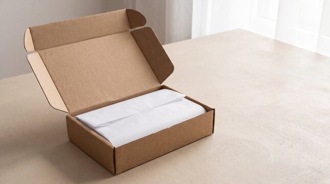 Open Cardboard Shipping Box with White Tissue Paper Packaging on Table