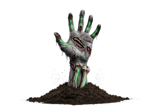 Scary zombie hand coming out of the dark soil ground