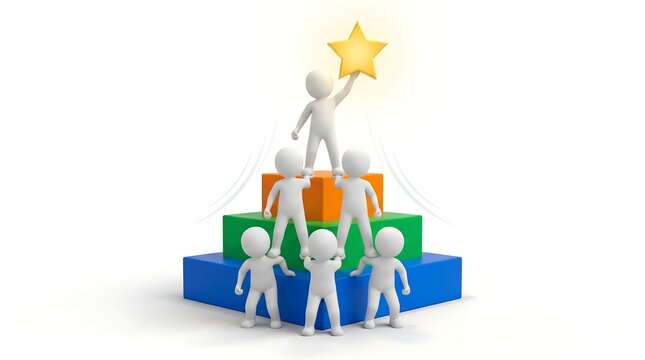 Team pyramid reaching star achievement top level success teamwork collaboration skills.