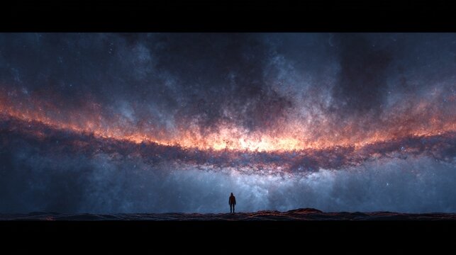 A solitary human figure stands at the edge of a vast cosmic abyss, gazing at a stunning galactic vista filled with swirling clouds and vibrant colors, evoking a sense of awe and wonder in a surreal an