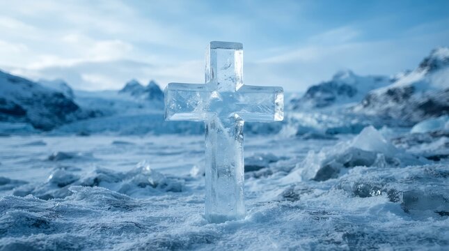 Ice Cross Sculpture in a Frozen Landscape.