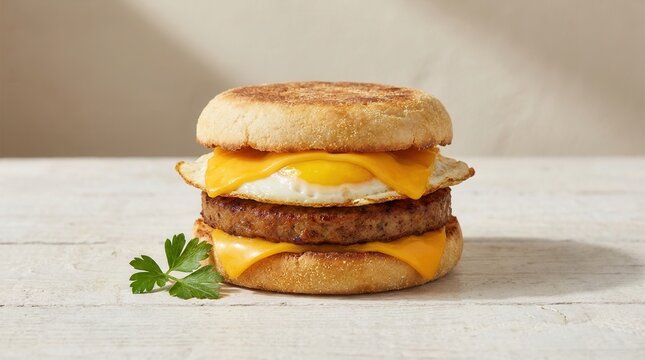 Freshly baked English muffin with protein rich vegan sausage patties, cheese, and egg