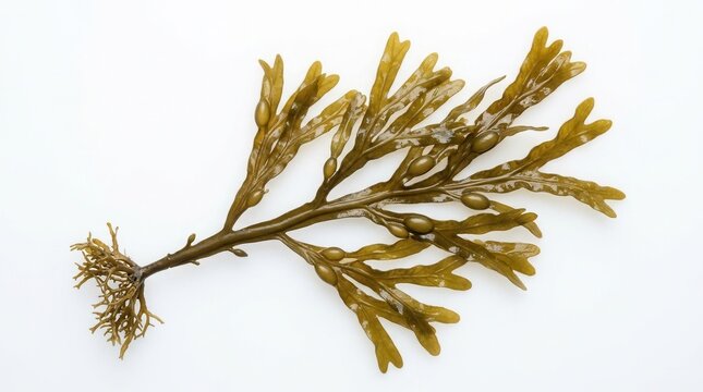 A strand of Fucus vesiculosus seaweed highlighted on a clean white background