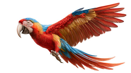 Obraz premium Vibrant red and blue macaw parrot in flight with outstretched wings, isolated on transparent background