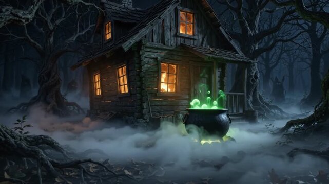 Halloween creepy witch cabin with glowing green magic cauldron and rolling fog in dark enchanted forest, seamless motion video background