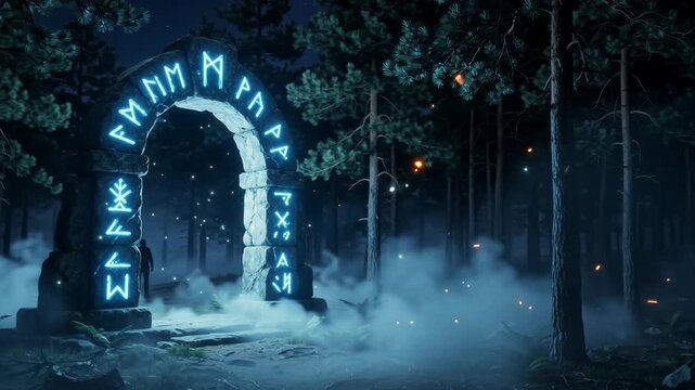 Mystical glowing blue magic portal with runes in dark foggy pine forest, silhouette of explorer, seamless motion video background