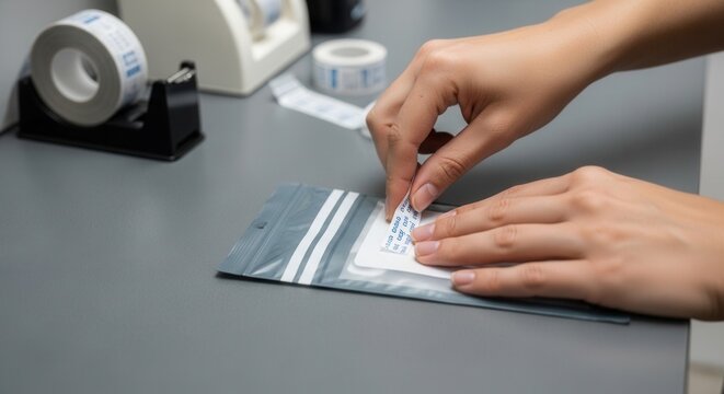 Close-up of hands sealing a clear plastic bag with a white adhesive strip, preparing a package for shipping or storage.