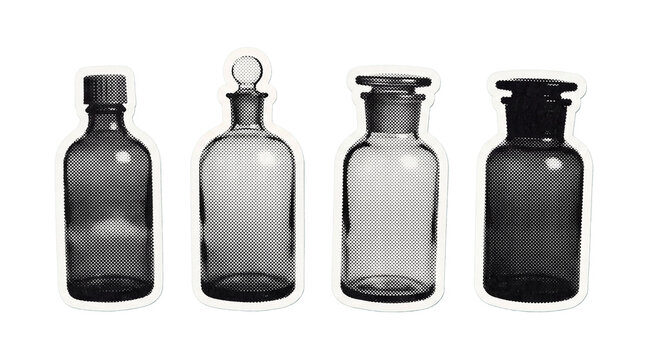 reagent bottle retro halftone set , clean white border outline PNG