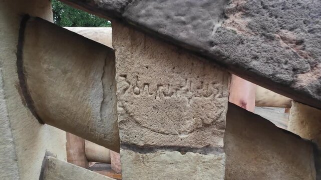 Close Up of Carved  Motif on Sandstone Railing at Sanchi Stupa, Madhya Pradesh