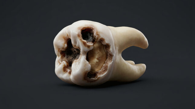 Decayed human molar tooth with severe cavity and root damage on dark background