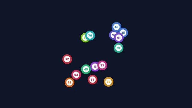 Digital random number generator with colorful bingo balls on dark screen