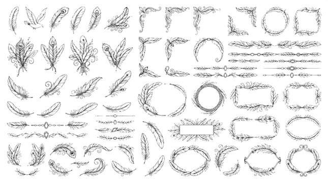 Hand-drawn feather frames borders and tribal style decorative elements set with bohemian border tribal design feather wreath