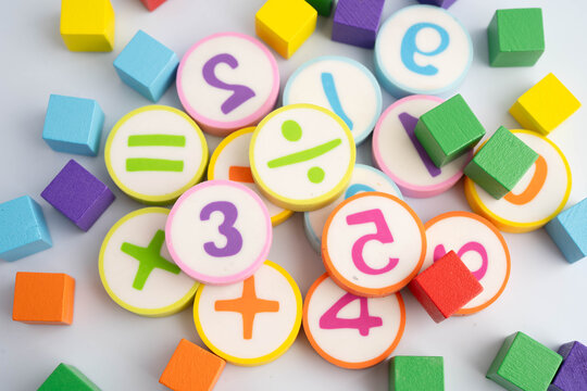 Number wood block cubes for learning Mathematic, education math.