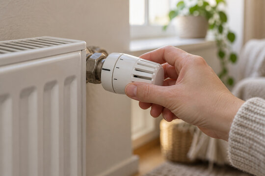Close-up of a hand turning a white radiator thermostat valve in a bright, cozy home interior with soft natural light.