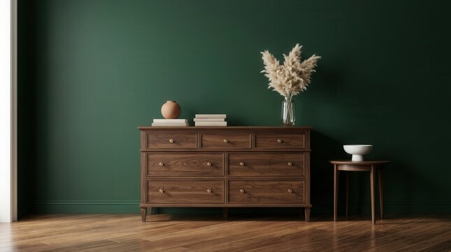 Elegant living room interior 3D render featuring a wooden commode and decor against a dark green wall mock up background.