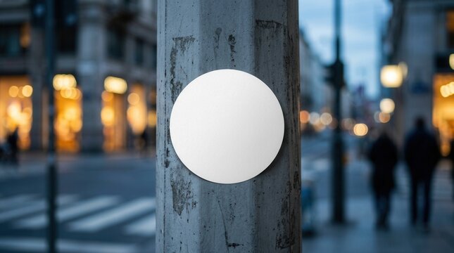 Blank round sticker mockup glued to a pillar in a street scene with a white textured label template